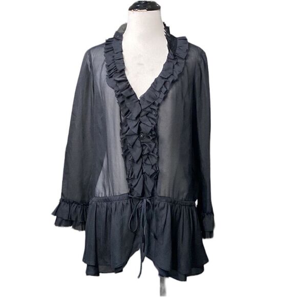Rebecca Taylor Black Sheer Button Down Ruffle Blouse Long Sleeve - Picture 1 of 12